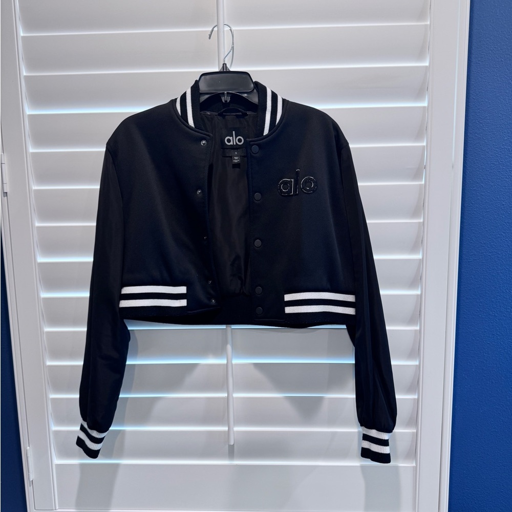 ALO Yoga Black and White Varsity Jacket with Cropped Design